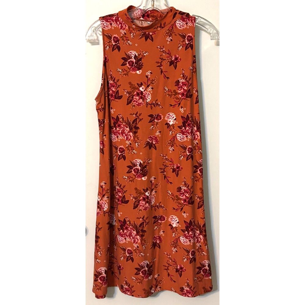 Mudd Y2K Floral Mock Neck Swing Dress Sleeveless Rust Orange Size Large